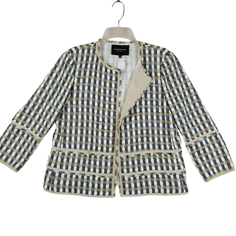 Lafayette 148 Tweed Open Front Blazer Women M Blue Gold Plaid Dress Professional